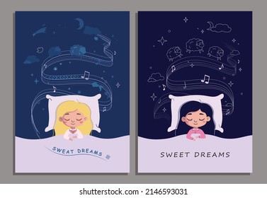 A girl falls asleep, dreams, listen music and counts sheep. Сhildren's song for a child. The girl is lying on the bed, notes and clouds around. Around the stars and dark sky. Flat vector illustration.