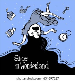 The girl falls into the well. Alice in Wonderland.Vector illustration.