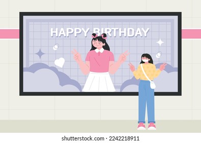 A girl fan poses in front of a star's birthday poster. Korean idol culture. Subway Happy Birthday ad.