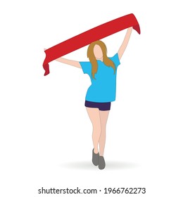 Girl fan with scarf, cute girl soccer fan with fringe, sport team cheering, emotion celebration, Female with hands up holding fabric banner, vector illustration