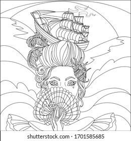 Girl with a fan and a ship. Baroque. Coloring pages