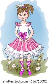 Girl in fancy pink dress with a heart in hands, vector illustration