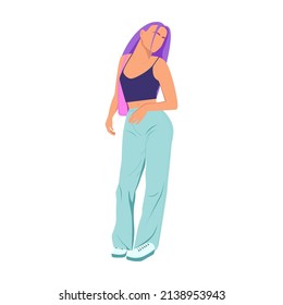 Girl. Fancy pose. Purple hair. Sporty casual style. Graphics. Vector. Flat drawing. Faceless character. 