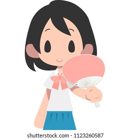 A girl fans himself by paper fan.