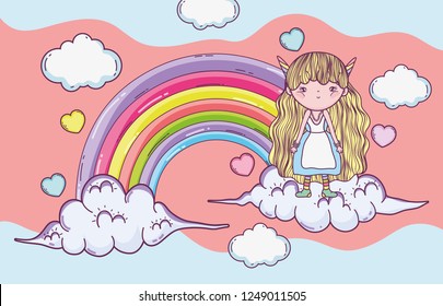 girl fantastic creatire in the clouds with rainbow