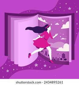A girl fantasy inside a book between the pages. Vector illustration