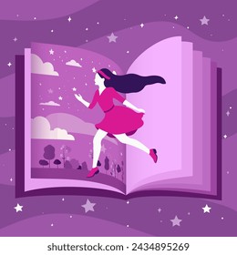 A girl fantasy inside a book between the pages. Vector illustration