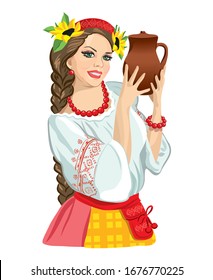 Girl with farm product - vector image for creating labels.