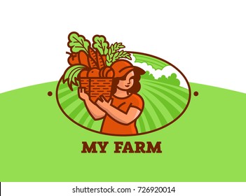 Girl farmer in baseball cap with basket of vegetables in hands.