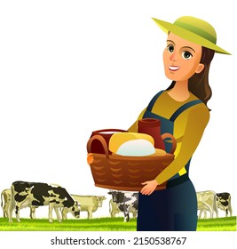 Girl farmer with basket. Cows are grazing. Rural landscape hills. Isolated on white background. Green pasture grass. Summer view. Farm milk and dairy products. Cartoon flat style design. Vector.