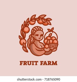 Girl farmer with a basket of fruit. Vector illustration.