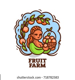 Girl farmer with a basket of fruit. Vector illustration.