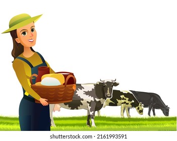 Girl farmer with basket. Isolated on white background. Cows are grazing. Rural landscape hills. Green pasture grass. Summer view. Farm milk and dairy products. Cartoon flat style design. Vector.
