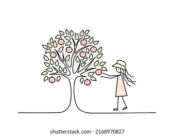 girl farmer gathering apples in basket, growing agricultural products sketch, ripe apples ready for harvesting, simple doodle black line vector illustration