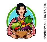Girl or farmer holding a basket full of fresh vegetables. Healthy food, agriculture, farm concept. Cartoon vector illustration