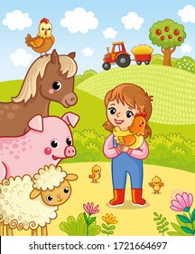 Girl farmer holding a chicken in his hands. Vector illustration with cute pets in cartoon style.
