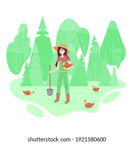 girl farmer holds chicken under the armpits against the background of the forest. vector illustration