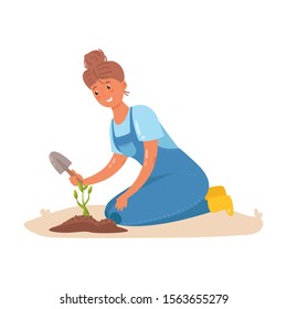 Girl farmer sitting on her knees plants a seedling with a small shovel. Vector illustration in flat cartoon style.