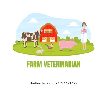 Girl Farmer Standing on Background of Summer Rural Landscape, Agriculture and Farming, Red Barn and Livestock Vector illustration