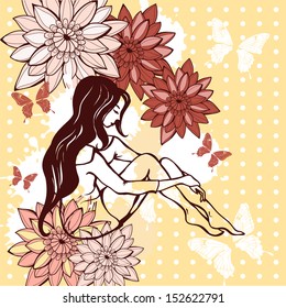 The girl, fashion, beauty and flowers illustration 