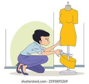 Girl fashion designer is engaged in making clothes. Funny people. Illustration concept template for website, web landing page, banner, presentation, social, poster, promotion or print media.