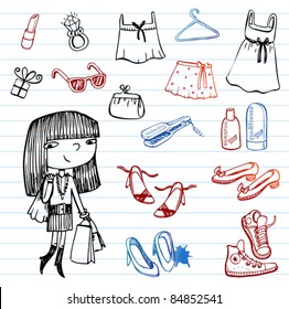 Girl Of Fashion Doodle Set.  Set Of Hand-drawn Images Of Youth Culture.