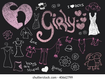 Girl fashion doodles pattern in vector