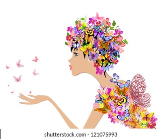 girl fashion flowers with butterflies