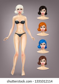 Girl fashion game. Vector beauty doll and for hair color variations. Beautiful woman illustration