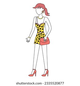 Girl fashion model wearing fashionable leopard fur print dress, red high heels shoes and shoulder bag, vector illustration.