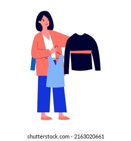 Girl at fashion store choosing clothes on hanger flat vector illustration. Shop customers buying dresses and garment concept.