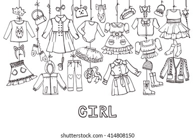 Girl fashion wear hangin on rope.Baby,teenage wear set. Hand drawing doodles.Essential wardrobe, dress Collection.Skirt,pants,coat,hats.Bright vector,cute clothes illustration.Horizontal Poster