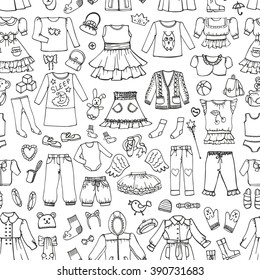 Girl fashion wear seamless pattern.Baby,teenager clothing,shoes,accessories.Hand drawing doodles.Outline Trendy fashion vector background,casual,holiday dress,pants,jacket,skirt.Bright illustration