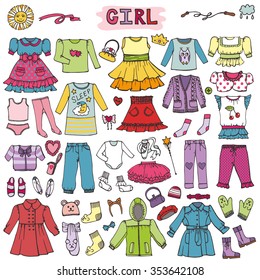 Girl fashion wear set.Baby,teenage  clothing,shoes,accessories.Hand drawing doodles.Colored Trendy fashion vector Collection,casual and holiday dress,coat,pant,jacket,skirt.Bright clothes illustration