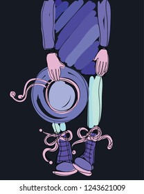 girl in fashionable clothes with gloves holding a hat