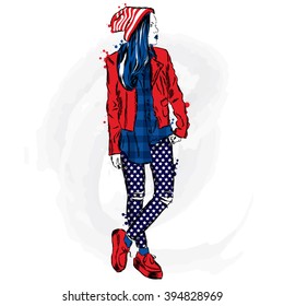 Girl in fashionable clothes . Hipster. Vector illustration.
