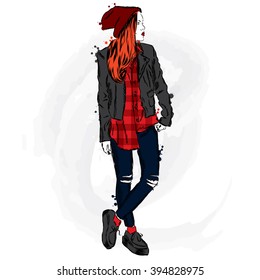 Girl in fashionable clothes . Hipster. Vector illustration.
