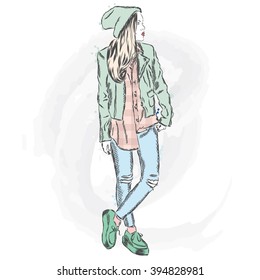 Girl in fashionable clothes . Hipster. Vector illustration.
