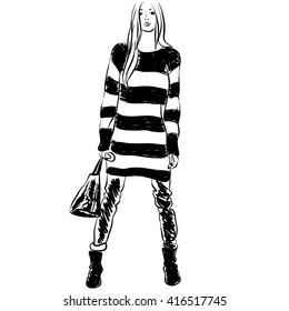Girl in fashionable clothes. Vector illustration.