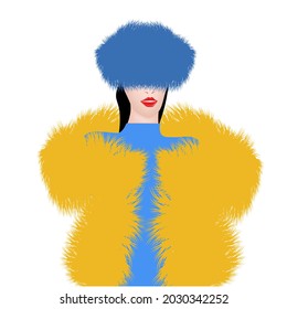 Girl in a fashionable fur coat made of artificial fur - vector. Seasonal clothing. Modern fashion. Salon of fur products.