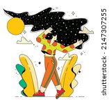 Girl fashionably dressed vector illustration. Stylish woman walking on runway flat style.