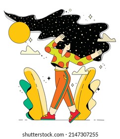 Girl fashionably dressed vector illustration. Stylish woman walking on runway flat style.