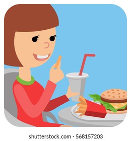 Girl with fast food in his hands. Vector illustration on squareisolated on white background.