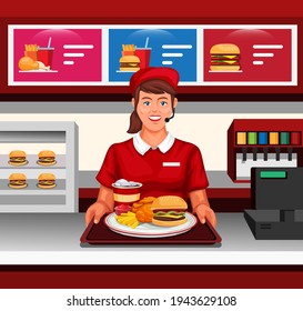 Girl fast food restaurant work served order to customer concept in cartoon illustration vector