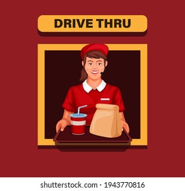 Girl Fast Food Worker Served Order In Drive Thru Service. Concept In Cartoon Illustration Vector