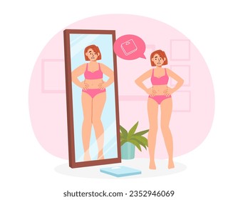 Girl fat in mirror concept. Woman sees herself overweight in reflection. Psychological disorder and mental problems. Character with low self esteem. Cartoon flat vector illustration