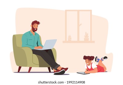 Girl and Father Chatting Online Using Laptop and Tablet. Dad Ignore Daughter for Social Media Internet Surfing. Family Characters with Digital Electronic Devices. Cartoon People Vector Illustration