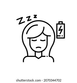 Girl with fatigue symptoms. Low energy and sleepiness. Pixel perfect, editable stroke medical icon