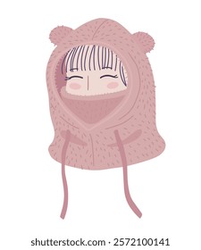 Girl in faux fur hat with ears. Fashion fur winter hat. Hand drawn illustration