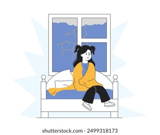 Girl with fear of thunder. Sad child looks out window at storm. Mental problems and phobia. Childhood trauma. Kid alone in dark. Linear vector illustration isolated on white background